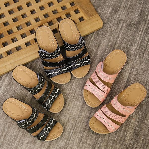 

slippers fashion women's shoes casual solid color embroidery wedge women plus size one word belt sandals shoe, Black