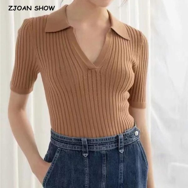 

women's t-shirt retro french style lapel v neck women knitted t shirt short sleeve slim elastic tee for female sweater tshirt, White