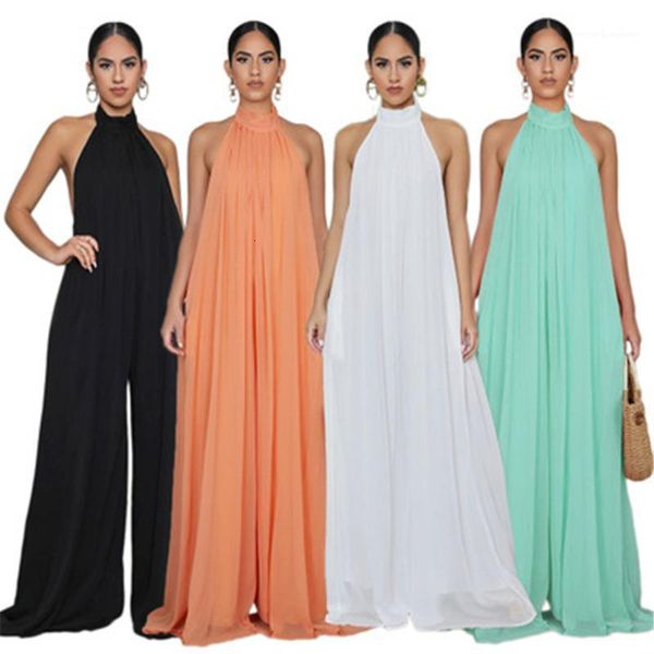 

women's jumpsuits & female loose casual wide leg long pants women chiffon halter jumpsuit fashion trend sling bib sleeveless collar rom, Black;white