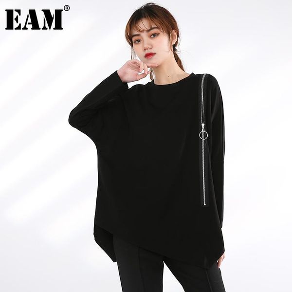 

[eam] women zippper irreuglar split big size t-shirt round neck long sleeve fashion tide spring autumn 2021 jq7060 women's, White