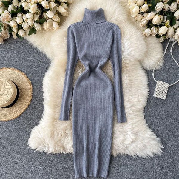 

casual dresses elegant turtleneck warm slim women knitted dress solid vestidos autumn winter straight elastic sweater 2021, Black;gray