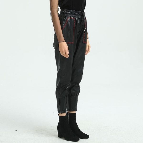 

women's pants & capris fashion women elastic joggers pu leather hight waist boyfriend style harem casual trousers female, Black;white