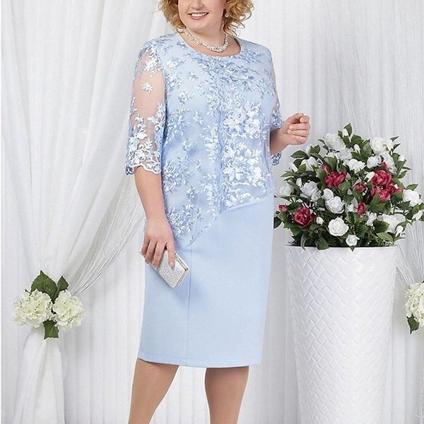 

women's plus size sheath dress floral round neck lace half sleeve fall spring work vintage prom dress knee length dress party daily y34, Black