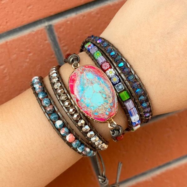 

handmade natural oval stones charm 3 strands wrap with boho crystal hematite gem bead mix women leather bracelet bracelets, Golden;silver