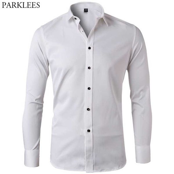 

white bamboo fiber dress shirts men elastic easy care casual button down shirt male wedding groom formal chemise 210522, White;black