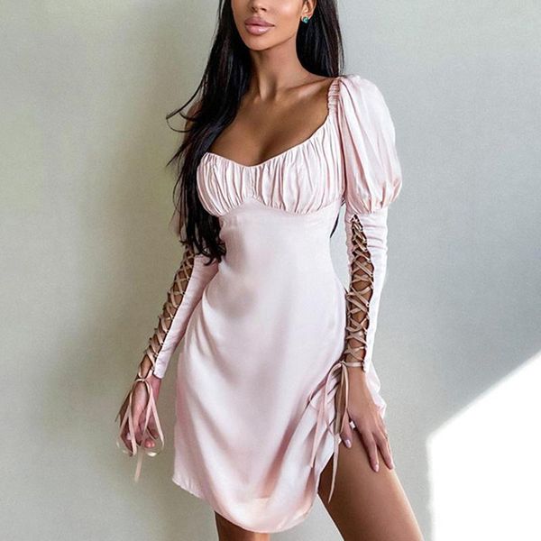 

casual dresses autumn winter party elegant dress women lace-up hollow long sleeve wrapped chest strapless mini ladies clothing streetwear, Black;gray