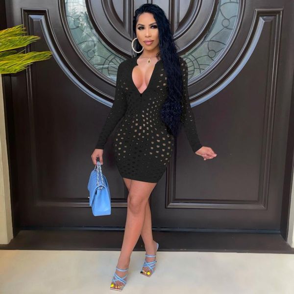 

casual dresses rmsfe 2021 autumn and winter women's long sleeve round neck solid color fashion slim mesh hollow out dress, Black;gray