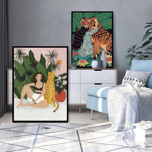 

paintings boho style girl tiger wall art canvas painting animal poster and prints cheetah nordic for living room decorative unframeds
