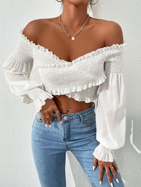 

off shoulder frill trim shirred flounce sleeve wrap cross crop f96z#, White
