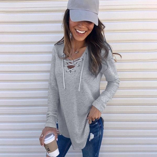 

women's t-shirt autumn and winter fashion solid color v-neck tied bandwidth loose casual top, White
