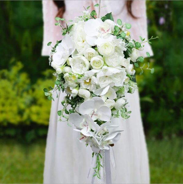 

wedding flowers eillyrosia white teardrop bridal bouquet for bride elegant silk ribbon country accessory deco