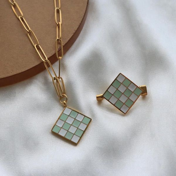 

earrings & necklace minimalist square charm pendant fresh oil dripping cute brooch for women checkerboard shape enamel jewelry set, Silver