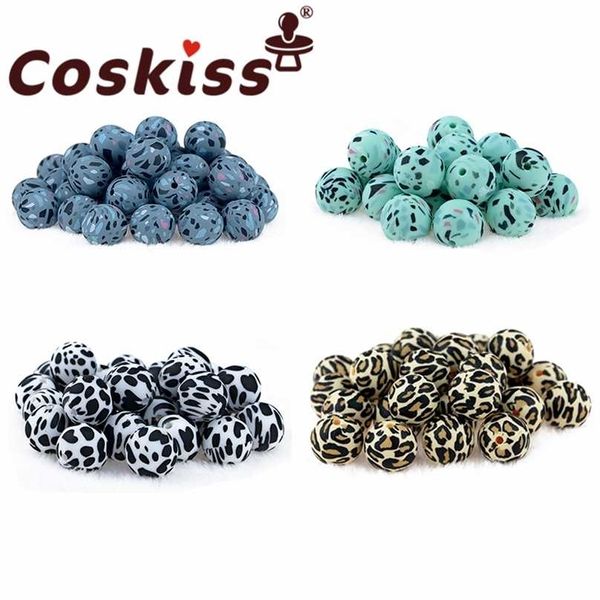 Coskiss 50 PZ 12/15mm Silicone Leopard Print Bead Food Grade Massaggiagengive Stampa Rotonda Artigianato FAI DA TE Bambino Sicuro Sonaglio Perline 211106