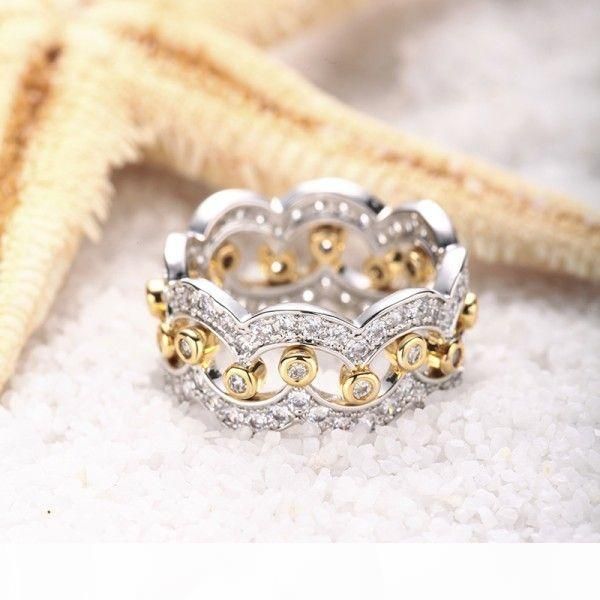 

2018 new arrival stunning luxury jewelry 2pcs 925 sterling silver gold 5a cubic zirconia diamond women wedding band bridal ring set gift, Slivery;golden
