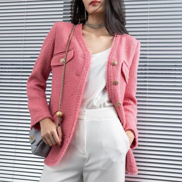 

women's jackets spring autumn light luxury design v-neck loose tweed jacket female pink, Black;brown