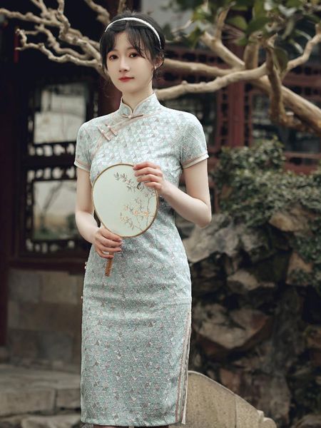 

women's blue retro modern girl short sleeve qipao chinese style high split improved cheongsam female vestido ethnic clothing, Red