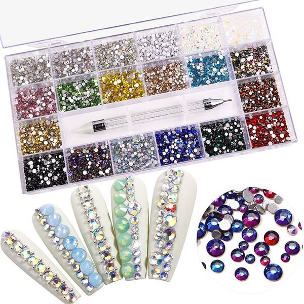 

nail art kits 1000pcs/box mixed ab glass crystal diamond in grids 21 shape and ss4-ss20 flatback rhinestone set with 1 pick up pen
