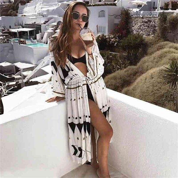 Cover-Up Sexy Cover Up Stickerei Badeanzug Bademode Damen Tuniken Kaftan Kleid Strandkleidung Frauen Robe de Plag 210319