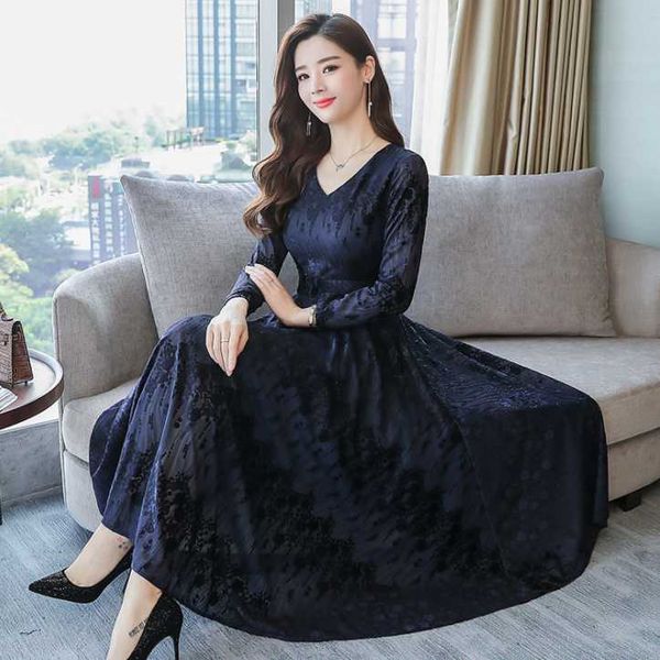 

casual dresses slim waist women elegant velvet dress 2021 street wear party long sleeve high pleated 3xl da238, Black;gray