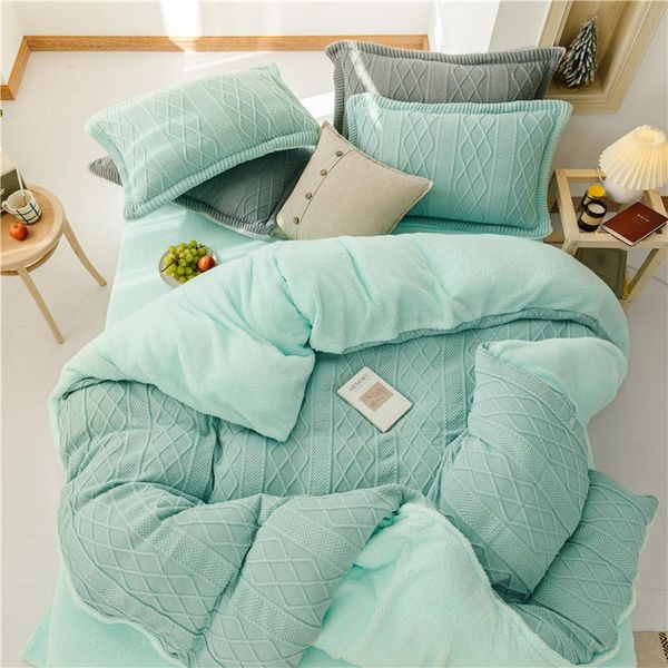 

heavyweight warm knitted duvet cover set pink green grey 4pcs luxury soft solid bedding for winter king  size sets