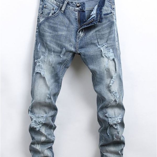 

mens jeans pencil hole slim fit elastic cool stylish men spring and summer new fashion casual pants, Blue