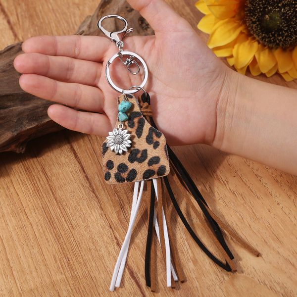 

western style keychain geometric leather tassel keyrings turquoise sunflower key chains retro handmade personalized jewelry dhl, Slivery;golden