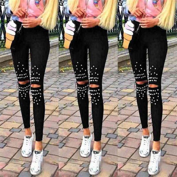 

plus size leggings knee hole fashion stretch cut holes beads decoration women pants skinny high waist 210517, Black