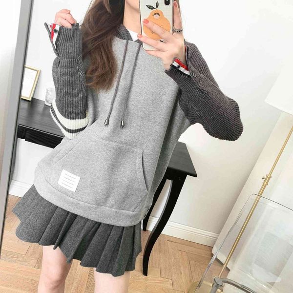 

2021 autumn winter new college style tb four bar wool stitched plush sweater women's coat zipper hoodie, Black