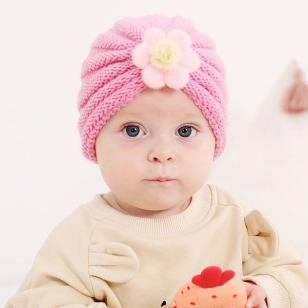 

caps & hats kids lovely knitted autumn and winter warmth flower hat infant solid color baby beanie children, Yellow