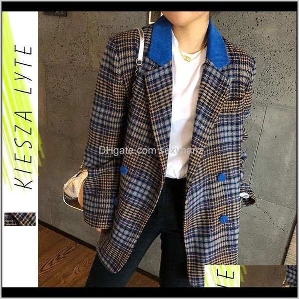 

wool blends outerwear clothing apparel drop delivery womens blazers blue plaid coats 2021 spring vintage patchwork t corduroy checkered wild, Black