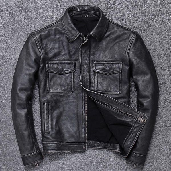 

men's leather & faux genuine jacket men blouson cuir moto army with rib cuff standing collar 2021, Black