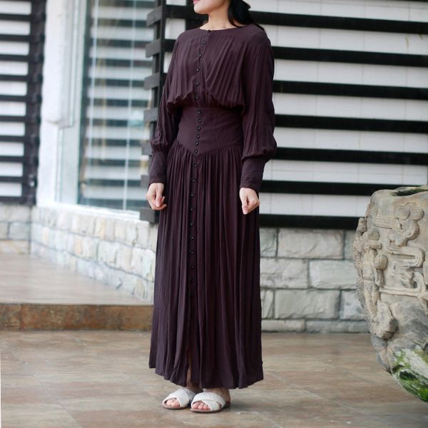 Johnature Chinese Style Женское платье Кнопка старинные халаты весна высокая талия с длинным рукавом O-образным вырезом хлопок мягкое Maxi платье 210521