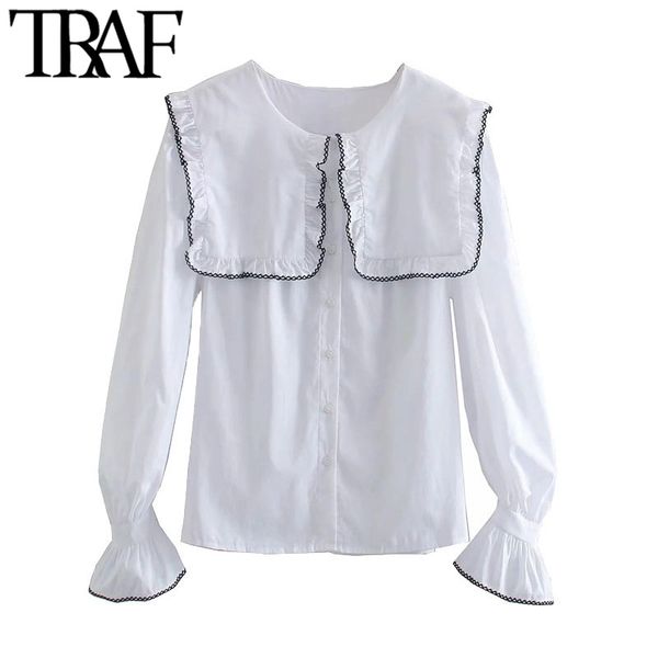 

traf women sweet fashion with ruffled trim loose blouses vintage long sleeve button-up female shirts blusas chic 210415, White