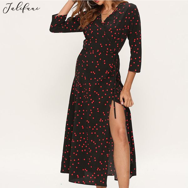 

slim v neck split maxi party women dress fashion dot three quarter sleeve sashes summer dress brand new vestido robe femme 210415, Black;gray