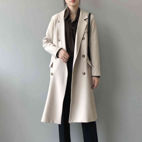 

women's trench coats harajuku long classic casual double breasted loose chic fashion streetwear uehx, Tan;black