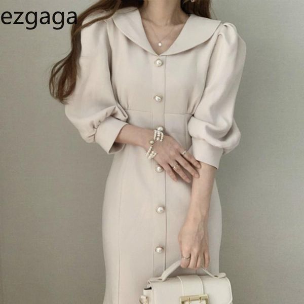 

casual dresses ezgaga french style mermaid dress women vintage pearl button v-neck slim waist puff sleeve elegant ladies chic solid vestidos, Black;gray