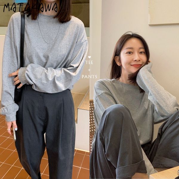 

matakawa gray casual ladies tshirt korea chic simple wild round neck loose long-sleeved sunscreen women t-shirt 210513, White
