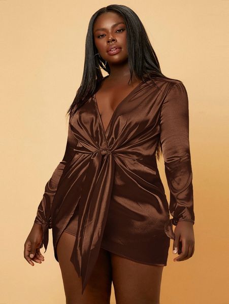 

sxy plus deep v neck knot front dress r4sp#, Black