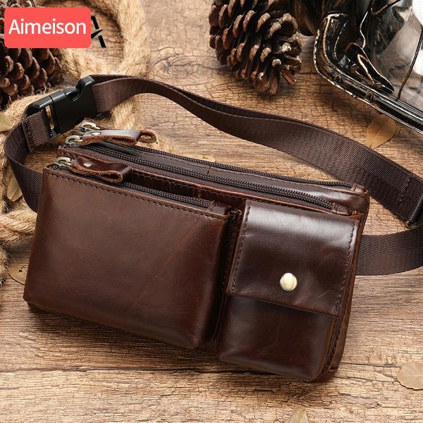 

aimeison genuine leather waist bag men pack funny belt chain for phone pouch bags
