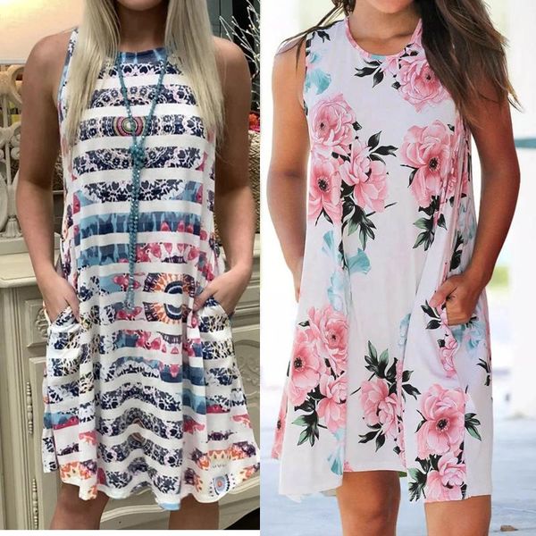 

casual dresses summer women's o neck sleeveless pocket striped floral print dress vestidos elegantes para mujer clothes for women 2021, Black;gray