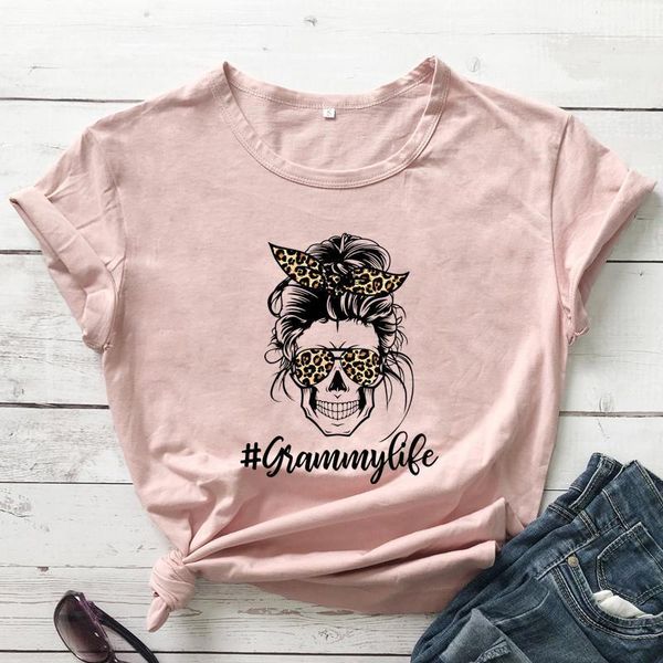 

women's t-shirt leopard skull grammy life funny messy bun hair grandma tee vintage mother's day gift tshirt, White