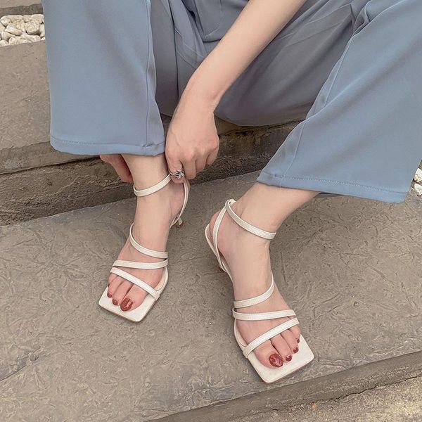 

sandals donna-in 2021 women's fashion summer square open toe high heels back strap design ladies party shoes, Black