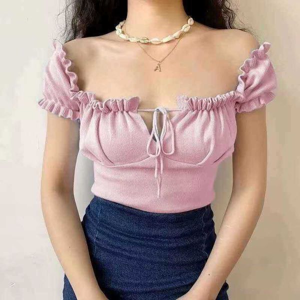 

heliar women knitted drawstring ruffles crop tees crop women off shoulder tees female y2k for women summer 210616, White