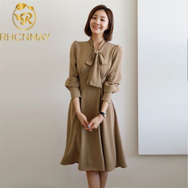 

autumn women elegant temperament medium length dress bow tie neck office lady shirt long sleeve slim pleated 210506, Black;gray