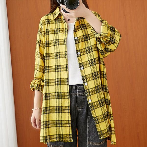 

blouse women plaid korean-style plus size loose cotton linen female long shirt autumn causal women's blouses & shirts, White