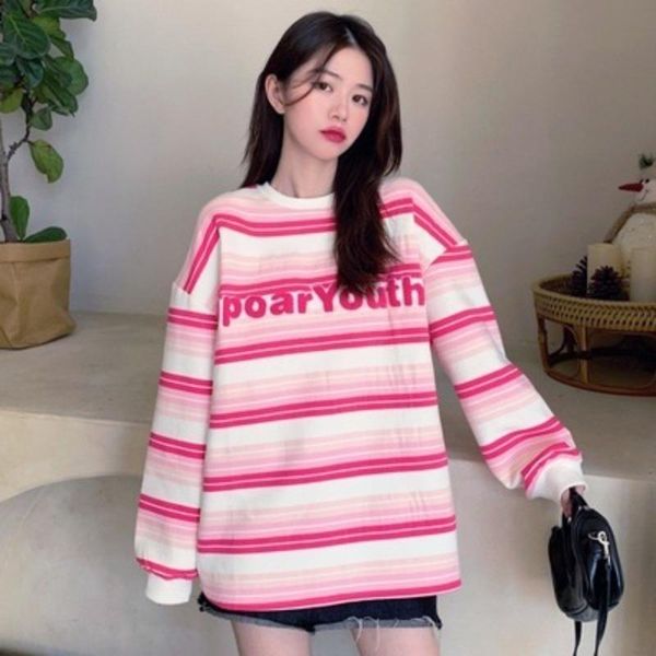 

women's hoodies & sweatshirts zogaa pullover women autumn thin sweatshirt long sleeve loose round neck striped mid-length korean style, Black