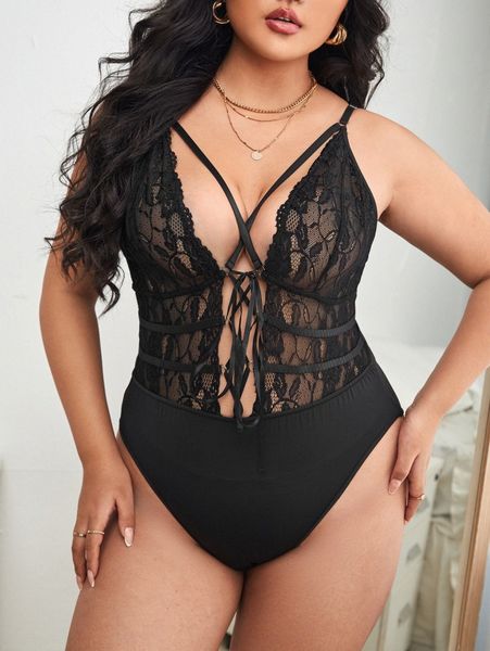 

plus floral lace tie front teddy bodysuit v77e#, Black;white