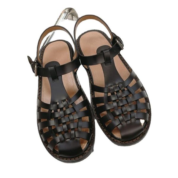 

sandals 2021 summer metal hollow woven flat women leather round toe women's beach, Black