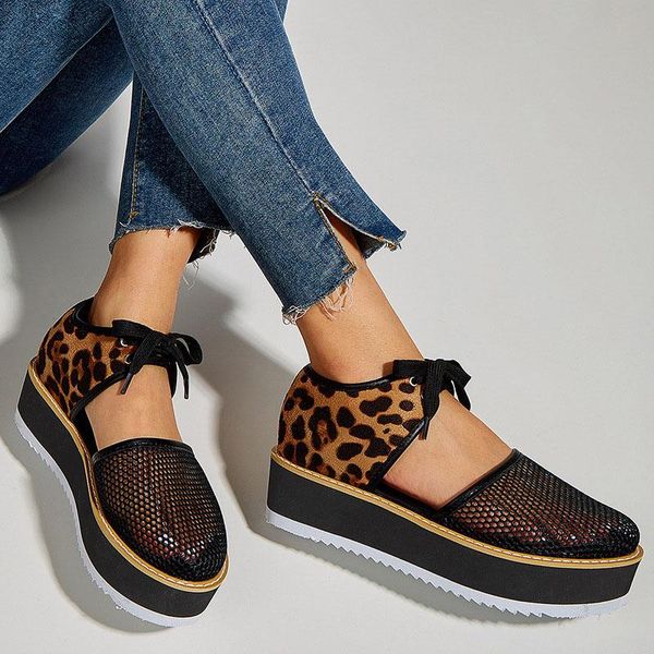 

sandals women wedge air mesh leopard print shoes lace up high platform summer ladies casual big size 40, Black