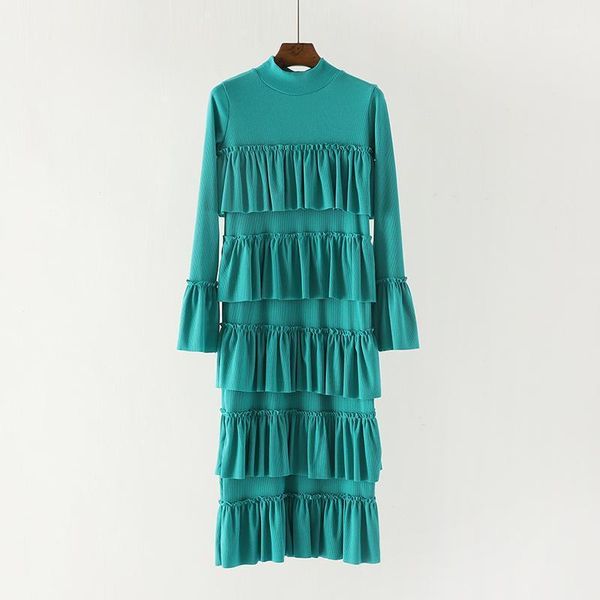 

casual dresses perhaps u sky blue stand collar cascading ruffle long sleeve pencil midi dress elegant solid autumn fall flare d0793, Black;gray